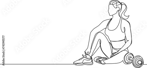 continuous single line drawing of woman exercising with dumbbell in gym, line art vector illustration