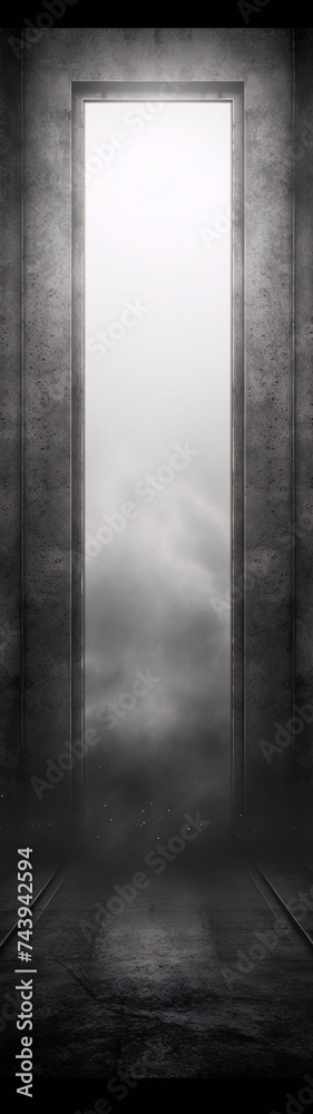Dark Grunge Concrete Doorway To Heaven With Bright Light And Fog Inside