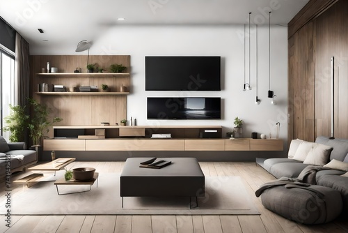 A sleek entertainment area with a minimalist media console, wall-mounted TV, and hidden storage, creating a modern and clutter-free space. © Erum