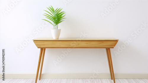3D rendering of a wooden table with a potted plant on it against a white background.