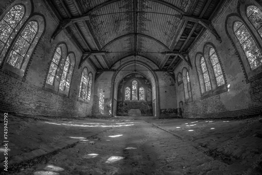 old abandoned ruined church inside - obrazy, fototapety, plakaty 