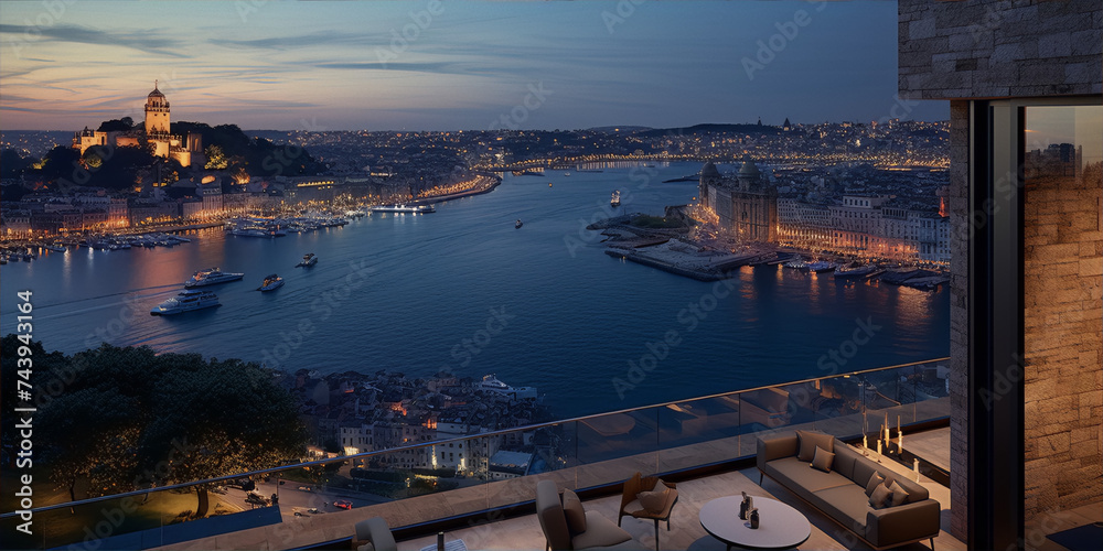 Naklejka premium Cityscape of Istanbul with a view of the Bosphorus at night in 3d illustration.