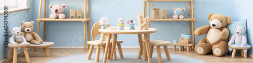 3D rendering of a cute and colorful playroom with a teddy bear theme, featuring soft pastel colors and wooden furniture.