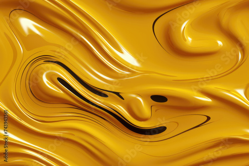 Yellow color glossy silk satin with black spot wavy background, oil-paint abstract texture 