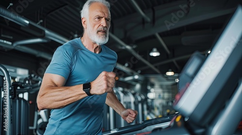 Portrait of a senior man exercising in a gym at treadmill. Active and motivated senior enjoying a treadmill workout.