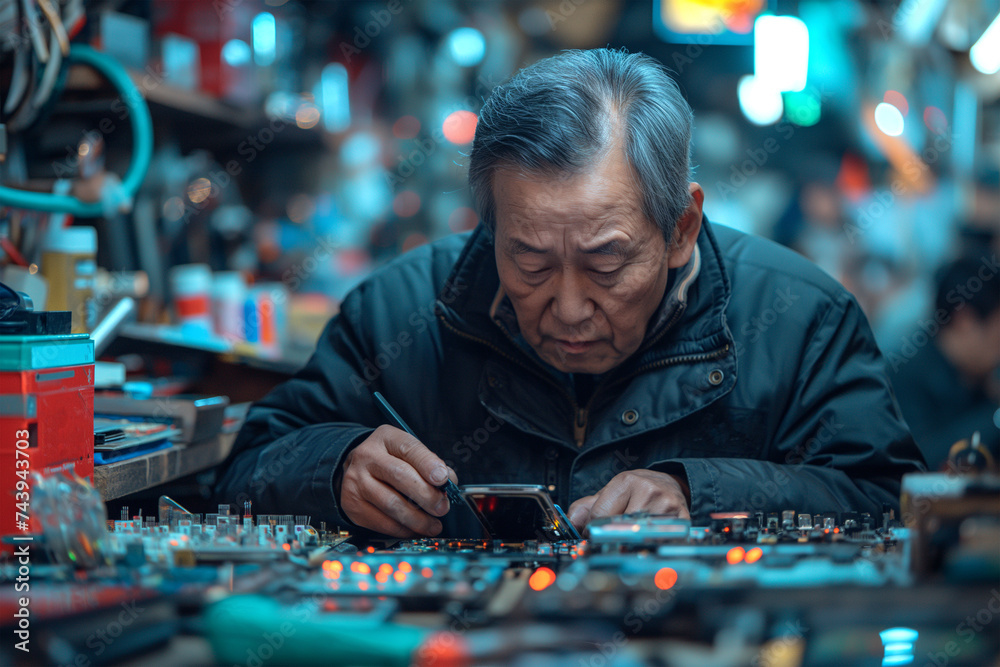 An Asian man repairs a phone in a workshop.