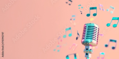 Brightly colored musical notes floating around a metal microphone against a plain pink background