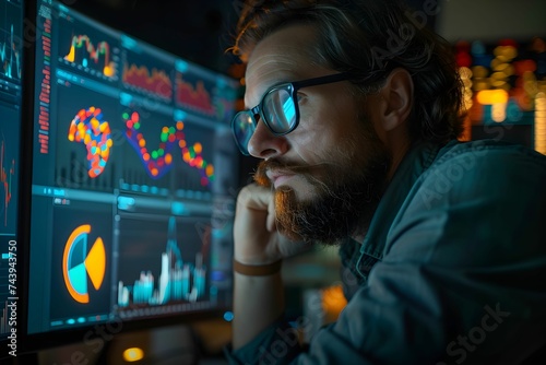 A data analyst intently scrutinizes complex financial charts on multiple computer screens, immersed in a world of market trends and analytics. photo