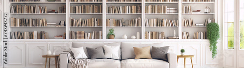 3d illustration of a living room with a large white built-in bookshelf and a white sofa