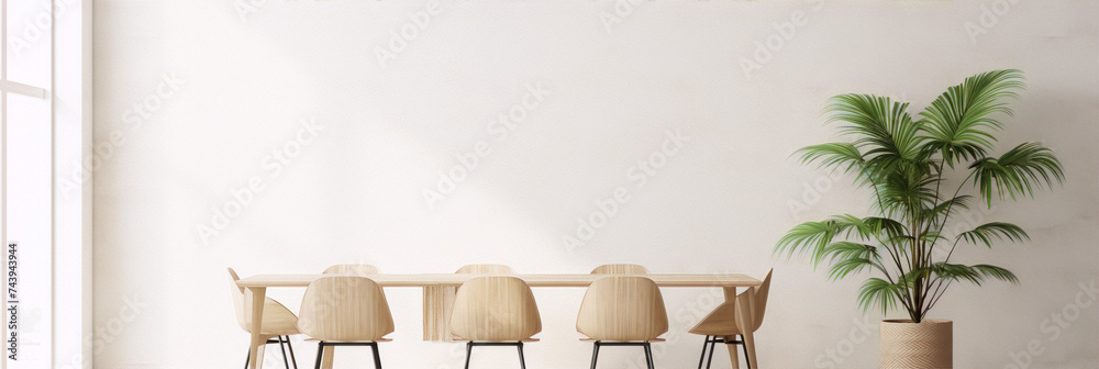 Minimalist interior with wooden table and chairs and a potted palm tree in the corner. - obrazy, fototapety, plakaty 