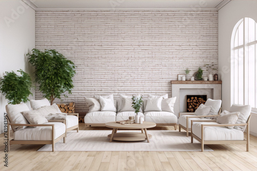 Bright airy living room interior with white brick wall  fireplace  comfy sofa and armchairs  coffee table  plants and arched windows.