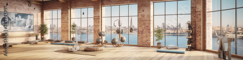 Modern yoga studio interior with brick walls and large windows overlooking the city. photo