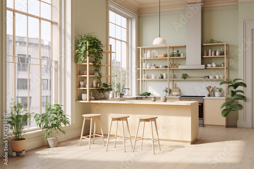 3D rendering of a bright and airy kitchen with large windows, plants, and wooden furniture in a minimalist style. photo