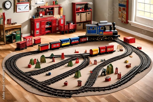 Whistle-stop train station decor with a train track rug and train-shaped storage bins photo