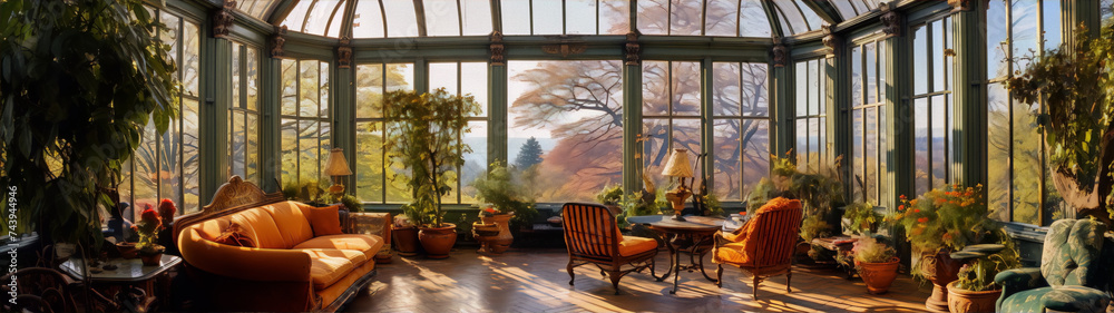 Sunlit Victorian orangery with armchairs and sofa among lush plants