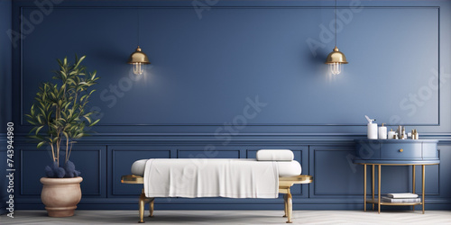 Blue and gold luxury spa room with massage table, plants, and stylish furniture. photo