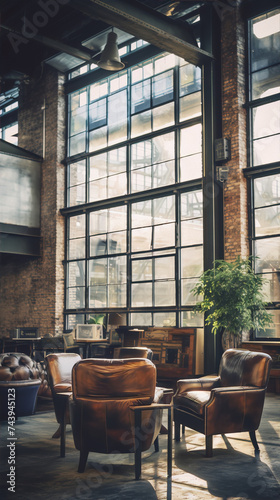 Industrial style interior with large windows, brick walls and leather armchairs