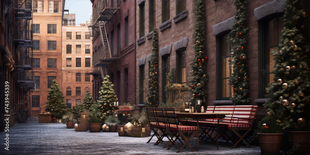 Christmas decorations in a snowy alley with tables and chairs in 3d rendering