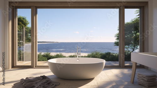 Bathroom interior with a large bathtub and a view of the ocean.