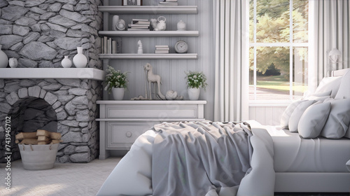 3D rendering of a cozy bedroom interior with fireplace, bookshelves, and large window