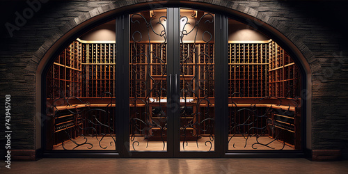 A dark and mysterious wine cellar with a large wooden door and wrought iron gates. photo