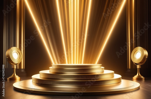 Podium with golden light lamps background. Golden light award stage with rays and sparks photo