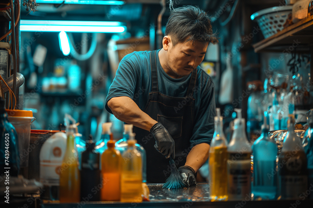 Asian man cleaning glass bottles indoors Asian man cleaning glass bottles indoors