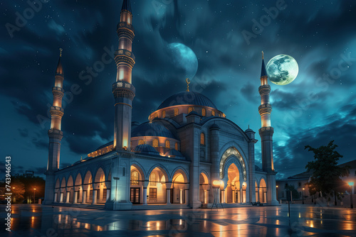 beautiful islamic mosque at night with lights and moon. ramadan kareem holiday celebration background concept