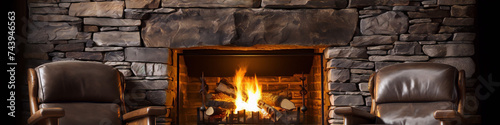 Two brown leather armchairs in front of a stone fireplace with a bright burning fire