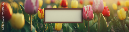 vibrant tulips in a field with a wooden frame in the front #743946589