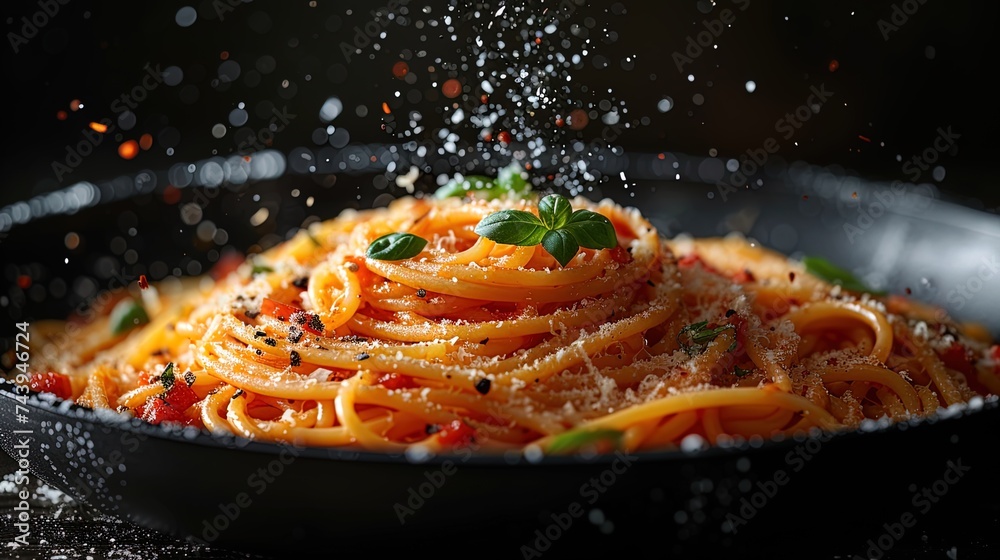 Spaghetti twirling out of a pan, creating a whimsical and dynamic image