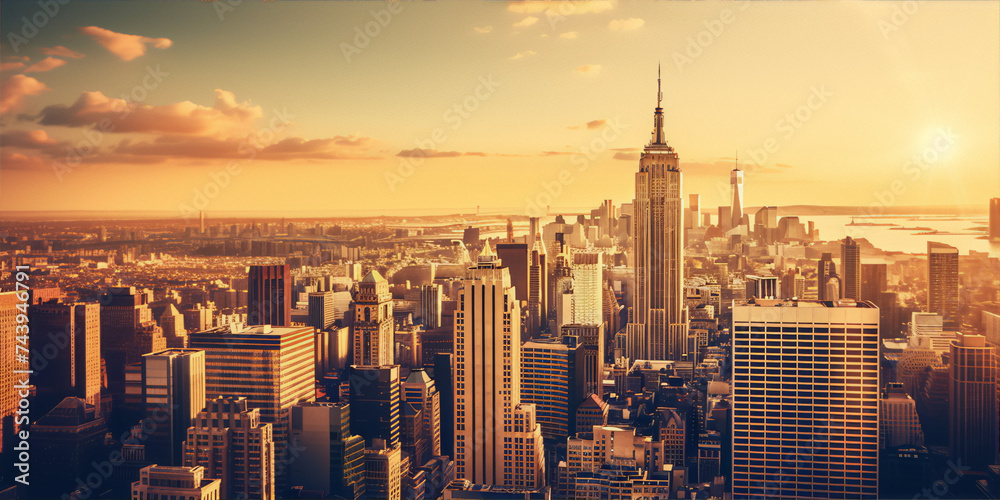 Cityscape of New York City in warm colors at sunset