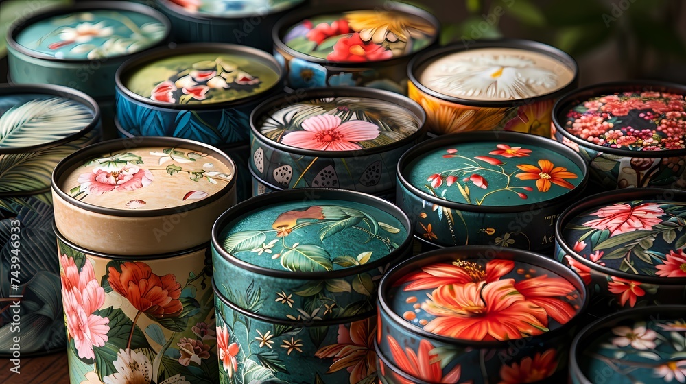 A collection of artisanal teas presented in decorative tins, promising warmth and relaxation