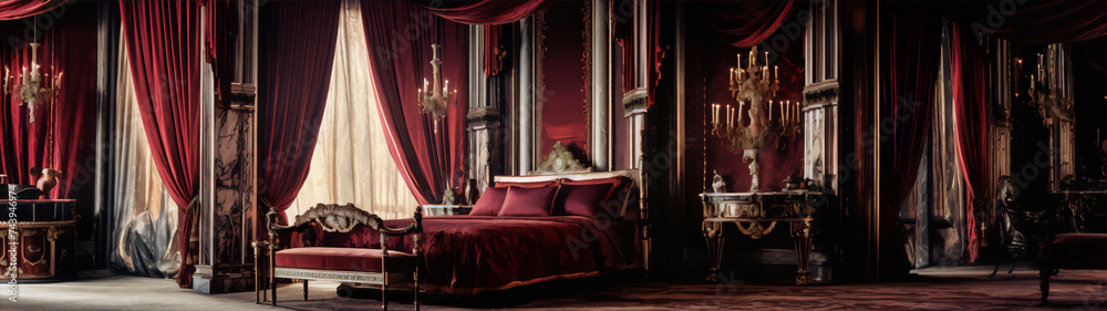 Ornate red and gold royal bedroom with marble columns and crystal chandeliers