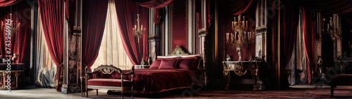 Ornate red and gold royal bedroom with marble columns and crystal chandeliers photo