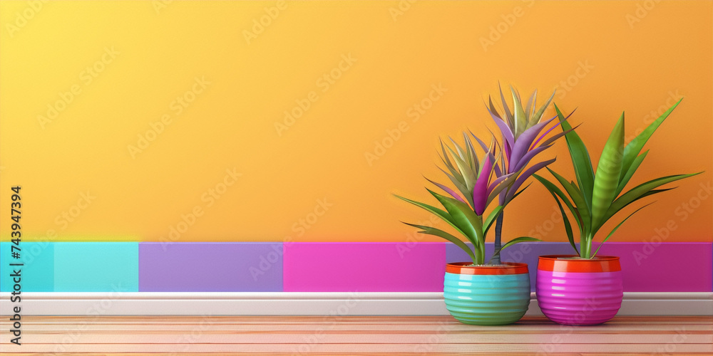 3D rendering of two potted plants in front of a multi-colored wall 3D rendering of two potted plants in front of a multi-colored wall