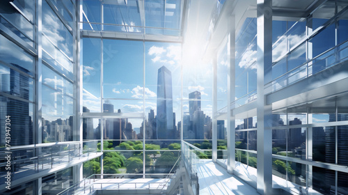 Cityscape through the glass windows of a modern office building interior