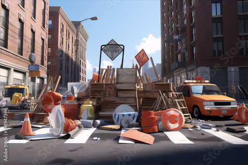 Urban street barricades with traffic cones, wooden planks and an orange truck in the background. photo