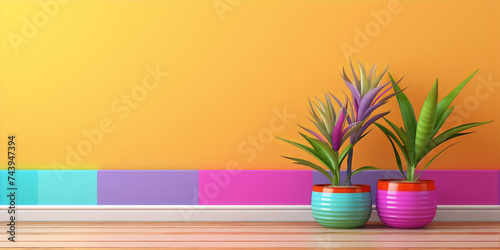 3D rendering of two potted plants in front of a multi-colored wall