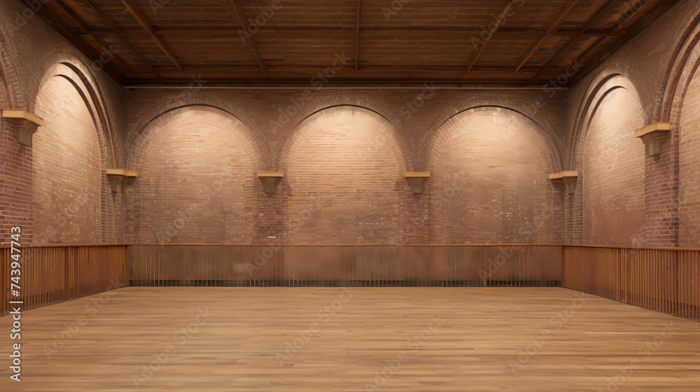 Fototapeta premium Large empty room with brick walls and wooden floor and ceiling