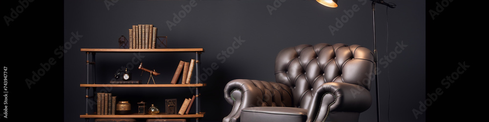 Obraz premium Black tufted leather chesterfield armchair and wooden shelf with books and decorations in the dark library.