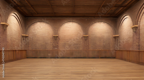 Large empty room with brick walls and wooden floor and ceiling