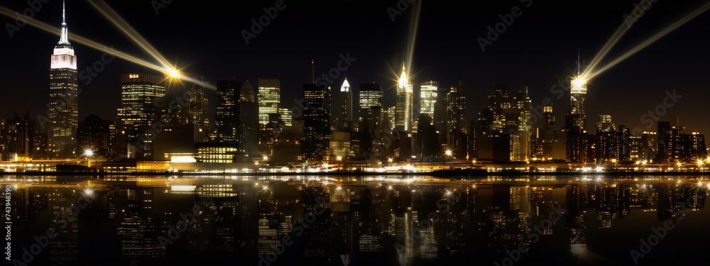 Cityscape of New York City at night with spotlights and reflection on the water in gold and black colors in digital art style