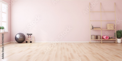 Pink yoga room interior with fitness ball, yoga mat and wooden shelf. photo