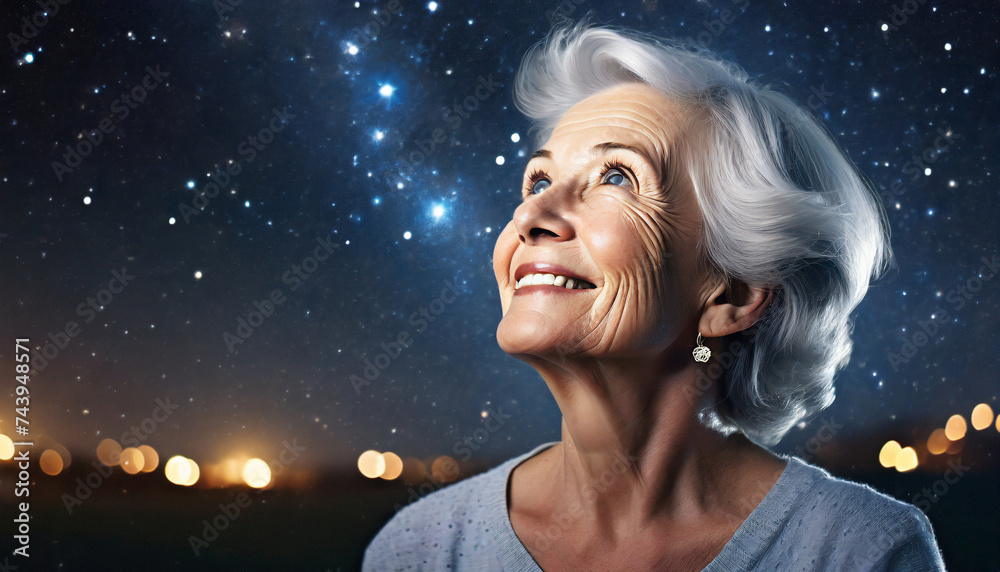 optimistic elder woman looking at the stars