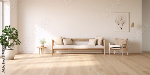 3D rendering of a bright and airy living room with a wooden sofa, armchair, and plants in a minimalist style with neutral colors.