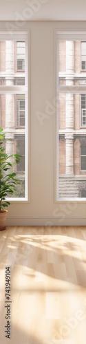 3D rendering of an empty room with two windows and a potted plant.