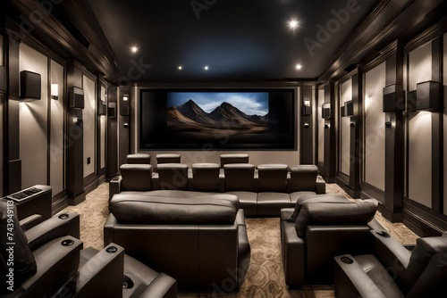A modern home theater with tiered seating, a large projector screen, and soundproofing panels