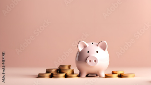Clean Pastel 3D Piggy Bank and Coins Isolated Illustration. Representing Saving Money, Financial Planning, Home Loan, Real Property, and Capital Investment.