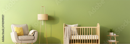 3D rendering of a minimalist green nursery with a crib and a chair
